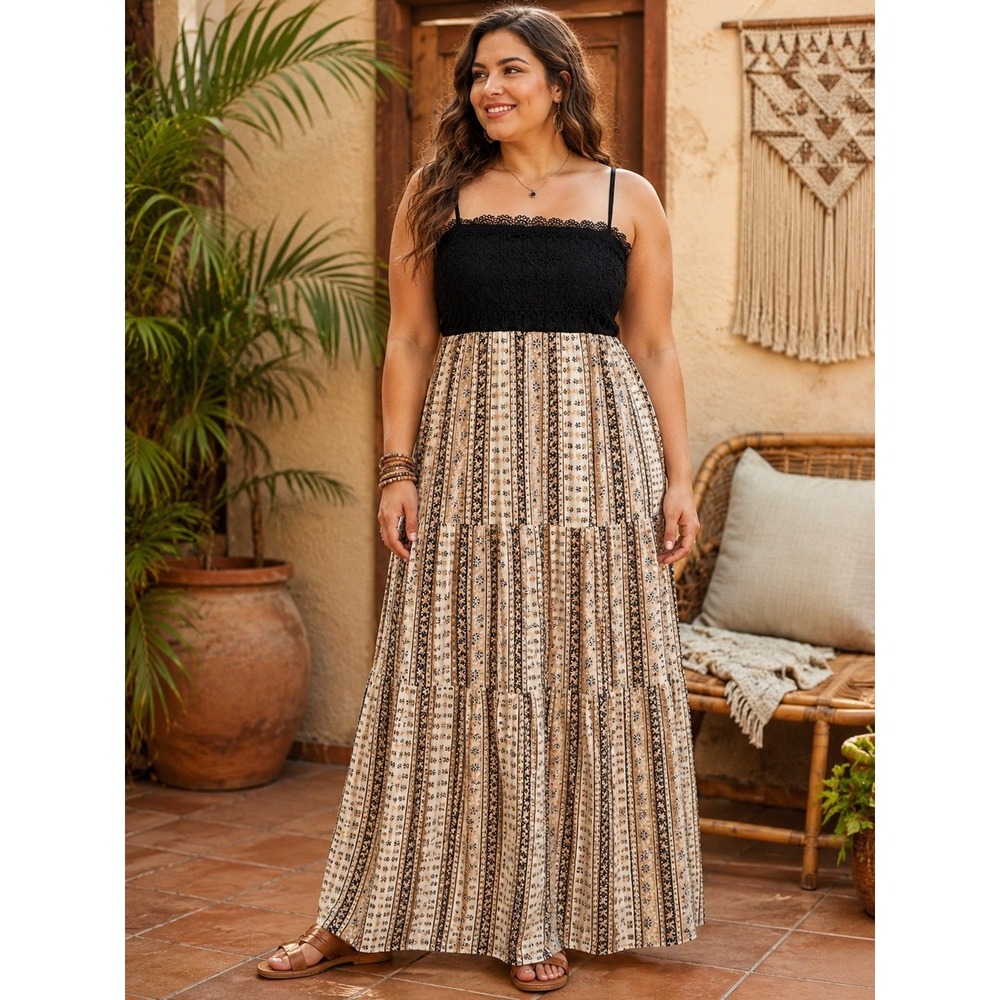 439. Boho Womens Size XXL Black Lace Bodice Tiered Floral Stripe Maxi Dress